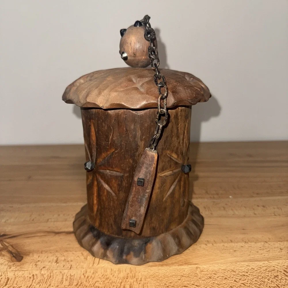 Vintage Wooden Studded Spice / Tobacco Jar & Lid Made in Spain Medieval Style